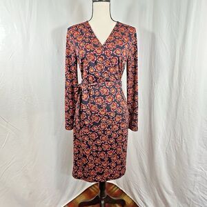 Ann Taylor Floral Wrap Dress Navy Jersey Office Career Party Boho Sexy Size 8